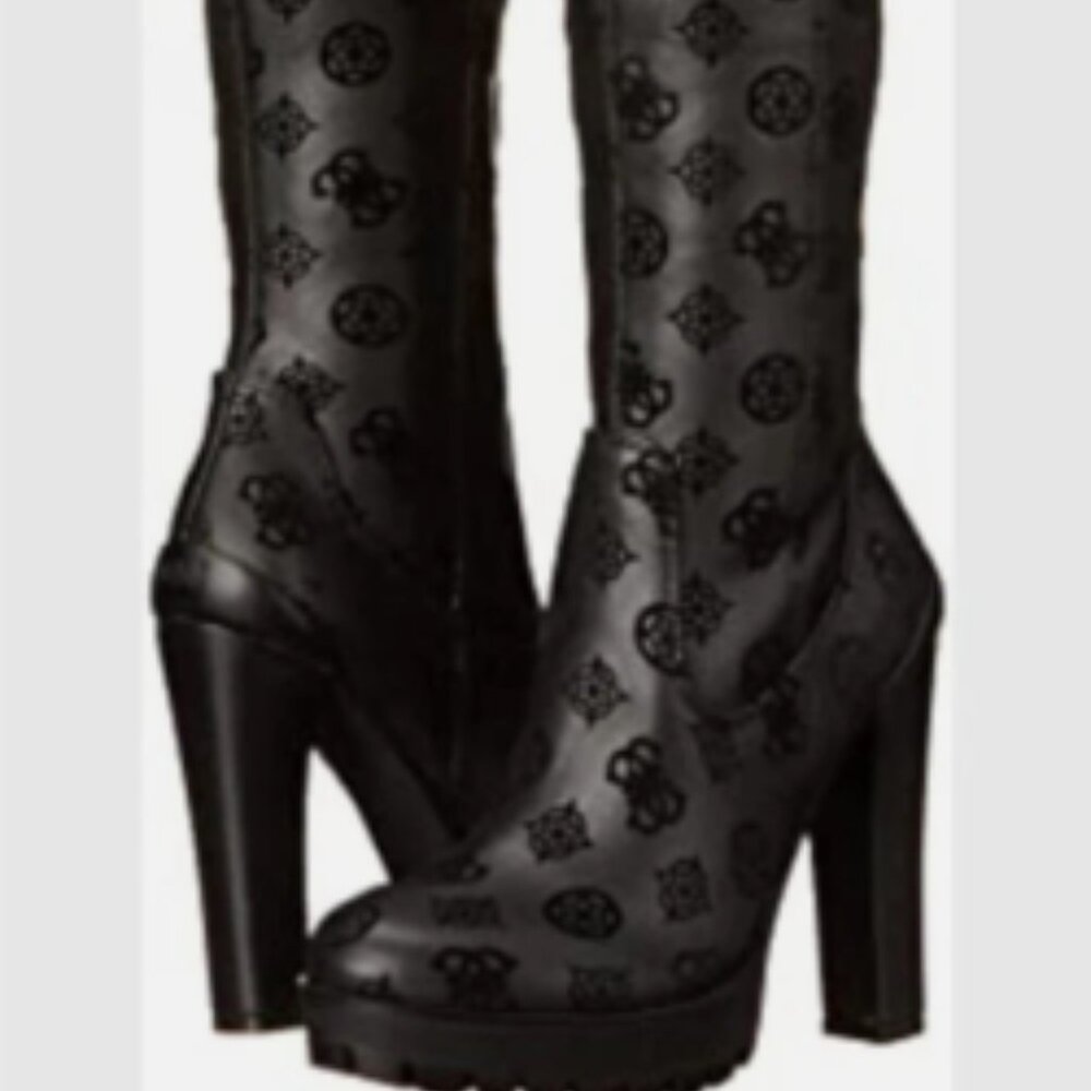 Guess black Taylin Over Knee lug platform sole high heel faux leather boot 7.5